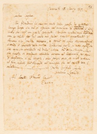 Lot #706 Giacomo Leopardi Autograph Letter Signed on Poetry, Sending His 