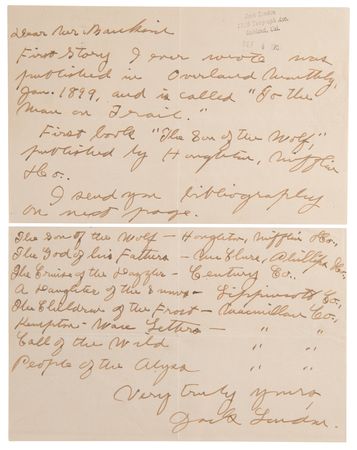 Lot #707 Jack London Autograph Letter Signed (1903) with Rare Handwritten References to The Call of the Wild and His First Published Novel - Image 1