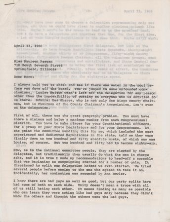 Lot #109 Ronald Reagan Partial Draft Autograph Letter Signed to His Daughter on the 1968 Campaign: 