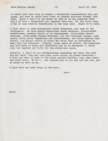 Lot #109 Ronald Reagan Partial Draft Autograph Letter Signed to His Daughter on the 1968 Campaign: 