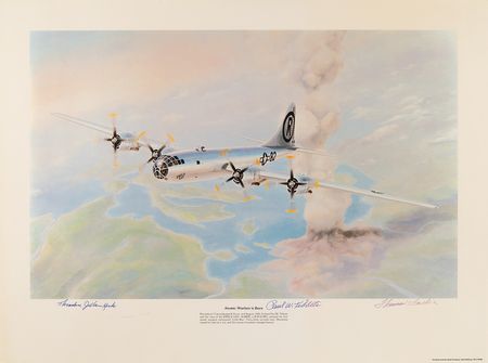 Lot #476 Enola Gay Signed 'Atomic Warfare Is Born' Print - Tibbets, Van Kirk, and Ferebee - Image 1