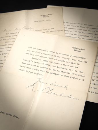 Lot #376 Neville Chamberlain Typed Letter Signed, Two Weeks After Nazi Germany's Annexation of Austria (March 28, 1938): 