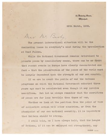 Lot #376 Neville Chamberlain Typed Letter Signed, Two Weeks After Nazi Germany's Annexation of Austria (March 28, 1938): 