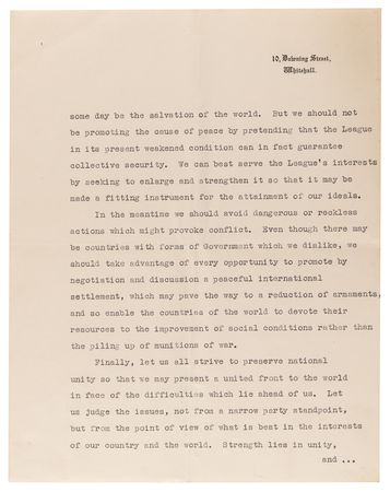 Lot #376 Neville Chamberlain Typed Letter Signed, Two Weeks After Nazi Germany's Annexation of Austria (March 28, 1938): 