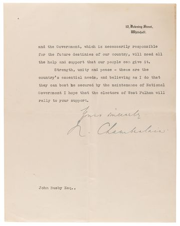 Lot #376 Neville Chamberlain Typed Letter Signed, Two Weeks After Nazi Germany's Annexation of Austria (March 28, 1938): 