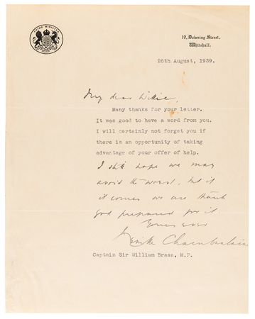 Lot #377 Neville Chamberlain Typed Letter Signed with Autograph Postscript, on the Precipice of War with Germany (August 26, 1939): 