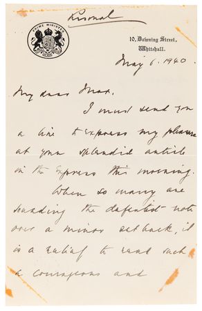 Lot #378 Neville Chamberlain World War II-Dated Autograph Letter Signed to Lord Beaverbrook, Four Days Before His Resignation (May 6, 1940): 