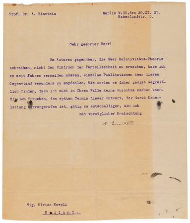 Lot #211 Albert Einstein Typed Letter Signed, Declining to Comment on 