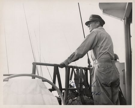 Lot #400 Douglas MacArthur Signed Photograph - Pictured Aboard the USS Cleveland in Borneo (1945) - Image 1