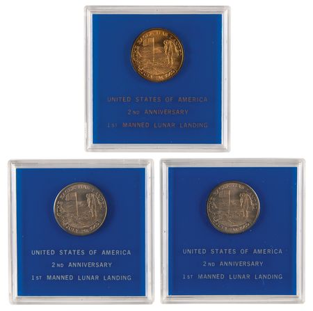 Lot #596 Apollo 11 Lunar Landing Anniversary Medallions (3), Minted with Flown Metal - Image 1
