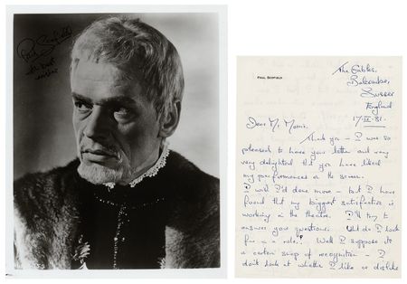 Lot #902 Paul Scofield Signed Photograph and Autograph Letter Signed on Acting: 