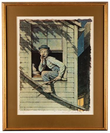 Lot #678 Norman Rockwell Signed Lithograph - 'Tom Sawyer Sneaking Out the Window' (Ltd. Ed. #56/200) - Image 1