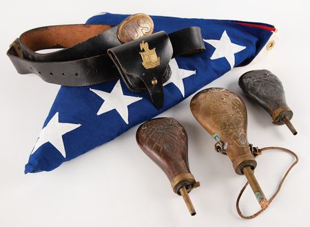 Lot #439 American Flag (50 Star) by Valley Forge Flag Co., with Civil War Belt (Reproduction) and Antique Powder Horns (4) - Image 1