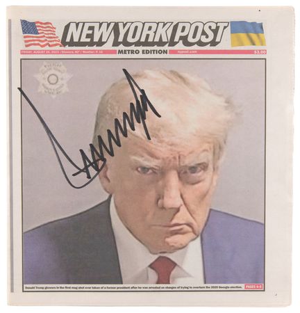 Lot #123 Donald Trump Signed New York Post Newspaper with 'Mug Shot' Front Page (August 25, 2023) - Image 1