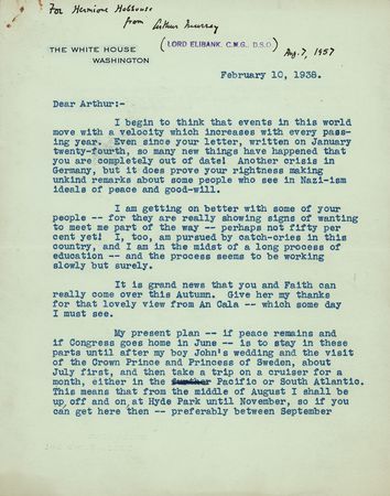 Lot #407 President Franklin D. Roosevelt Letter on Nazi-ism and 'Another crisis in Germany' (February 1938) - Image 2