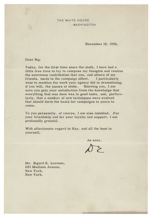 Lot #65 Dwight D. Eisenhower Typed Letter Signed as President - Four Days After the 1956 United States Presidential Election - Image 1