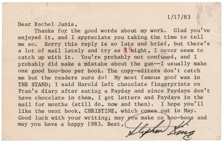 Lot #733 Stephen King Typed Letter Signed on The Stand, Christine, and Making Mistakes - Image 1