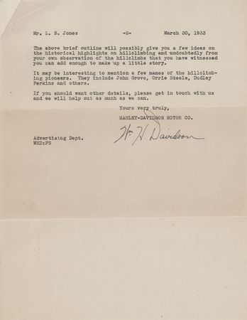 Lot #276 Harley-Davidson: William H. Davidson Typed Letter Signed on the History of Motorcycle Hillclimbing - Image 1