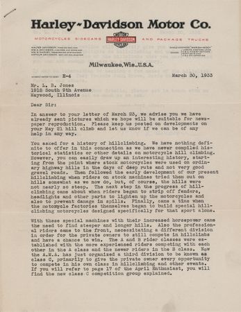 Lot #276 Harley-Davidson: William H. Davidson Typed Letter Signed on the History of Motorcycle Hillclimbing - Image 2