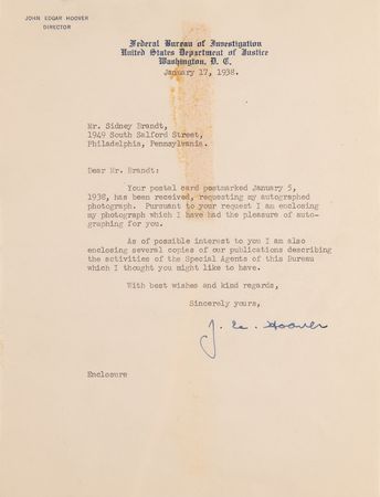 Lot #279 J. Edgar Hoover (5) Typed Letters Signed - Image 2