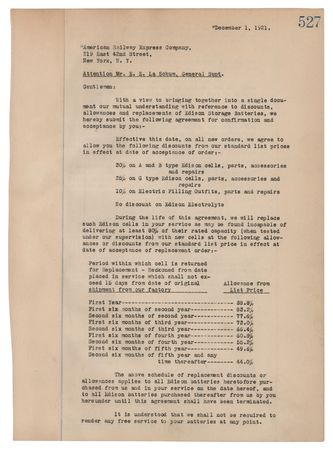Lot #264 Thomas Edison Signed ?Edison Storage Battery Company? Document - Discount Agreement with the American Railway Express Company - Image 4