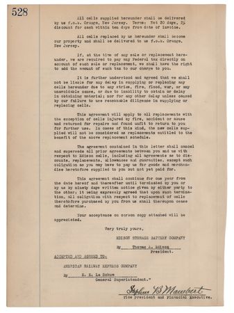 Lot #264 Thomas Edison Signed ?Edison Storage Battery Company? Document - Discount Agreement with the American Railway Express Company - Image 5