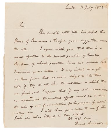 Lot #225 David Ricardo Rare Autograph Letter Signed on British Banking: 