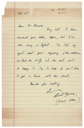 Lot #722 Roald Dahl Autograph Letter Signed, Responding to Playboy's Request for Contributions - Image 1