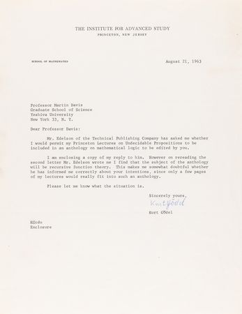 Lot #214 Kurt Godel Typed Letter Signed on His 