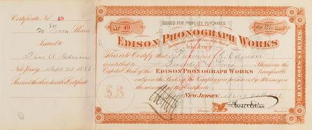 Lot #206 Thomas Edison Twice-Signed Stock Certificate for Edison Phonograph Works - Image 1