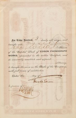 Lot #206 Thomas Edison Twice-Signed Stock Certificate for Edison Phonograph Works - Image 2