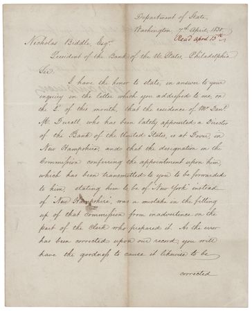 Lot #152 Martin Van Buren Letter Signed to Nicholas Biddle, President of the Bank of the United States - Image 1