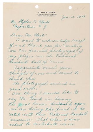 Lot #936 Ty Cobb Letter Signed to the Baseball Hall of Fame's Founder, on 