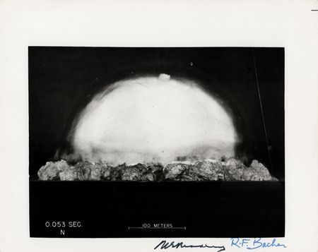 Lot #447 Atomic Bomb: Norris Bradbury and Robert Bacher Signed Photograph - 'Trinity (0.053 Sec.)' - Image 1