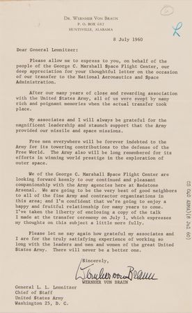 Lot #655 Wernher von Braun Typed Letter Signed to Army Chief of Staff General Lyman Lemnitzer, - One Week After the Establishment of NASA's George C. Marshall Space Flight Center - Image 2