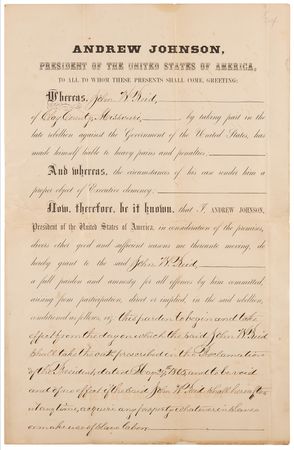 Lot #13 Andrew Johnson Document Signed as President, Pardoning Confederate Rebel and Former 'Border Ruffian' Commander - to be voided if he should acquire 