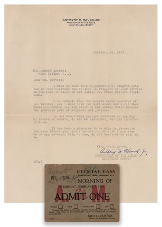 Lot #300 Lindbergh Kidnapping: Hauptmann Trial Pass and Letter to Juror: 