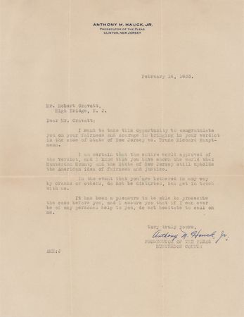 Lot #300 Lindbergh Kidnapping: Hauptmann Trial Pass and Letter to Juror: 