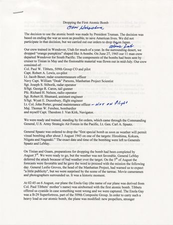 Lot #484 Enola Gay: Theodore 'Dutch' Van Kirk Hand-Annotated and Signed Manuscript - Image 1