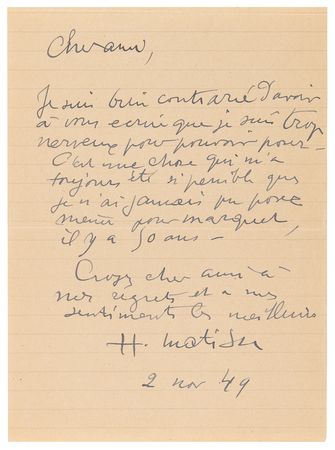 Lot #658 Henri Matisse Autograph Letter Signed: 