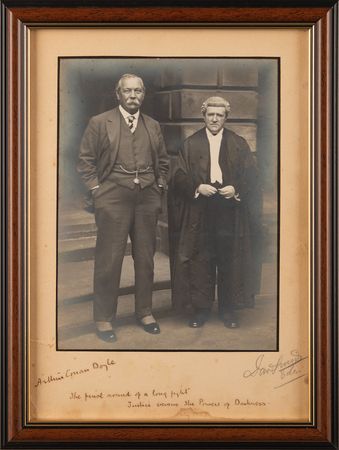 Lot #701 Arthur Conan Doyle Signed Photograph from the Oscar Slater Trial - “The final round of a long fight. Justice versus the Powers of Darkness