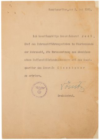 Lot #368 Reich President Karl Donitz Signed German Surrender Negotiation Document Presented to the Allies by Col. Gen. Alfred Jodl (May 6, 1945) - Image 2