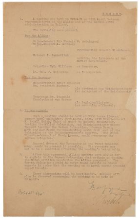 Lot #370 Operation Manna: Secret 'Food Drop' Document Signed by Freddie de Guingand and Ernst Schwebel, Representing the End of WWII in the Netherlands (April 28, 1945) - Image 1