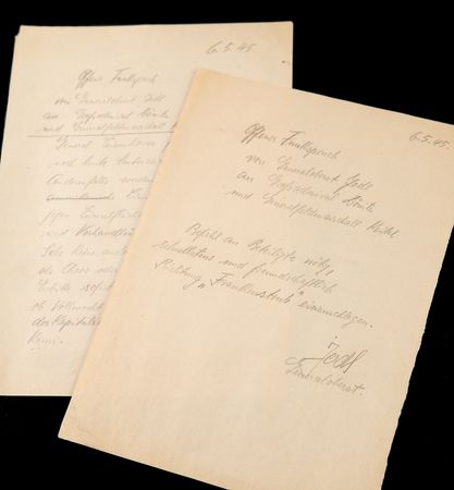 Lot #367 Alfred Jodl Signed Manuscript Radiotelegram Drafts to Reich President Karl Donitz, on German Surrender Negotiations with Eisenhower: 