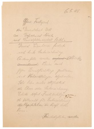 Lot #367 Alfred Jodl Signed Manuscript Radiotelegram Drafts to Reich President Karl Donitz, on German Surrender Negotiations with Eisenhower: 