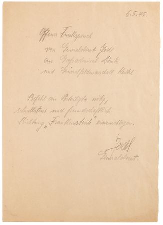 Lot #367 Alfred Jodl Signed Manuscript Radiotelegram Drafts to Reich President Karl Donitz, on German Surrender Negotiations with Eisenhower: 