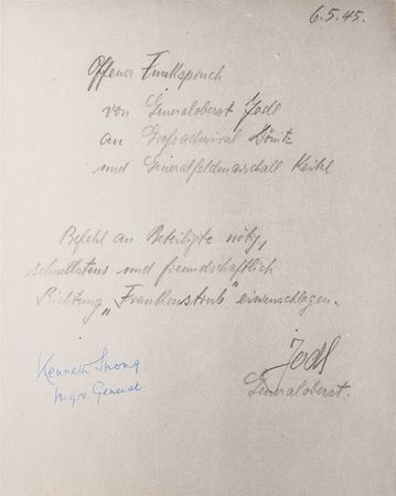 Lot #367 Alfred Jodl Signed Manuscript Radiotelegram Drafts to Reich President Karl Donitz, on German Surrender Negotiations with Eisenhower: 