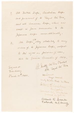 Lot #374 Allied 'Instrument of Surrender' Document to the Japanese at Java (1942), Retained by the Commander of the Texas 'Lost Battalion' - Image 1