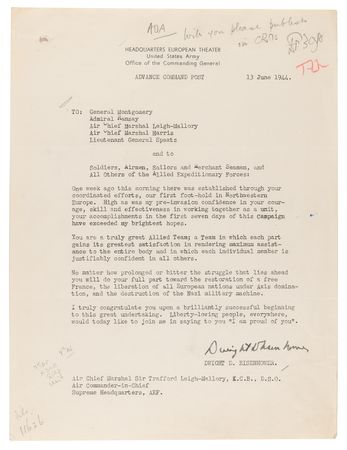 Lot #362 Dwight D. Eisenhower Historic WWII-Dated Typed Letter Signed on D-Day Success, Looking Forward to the 