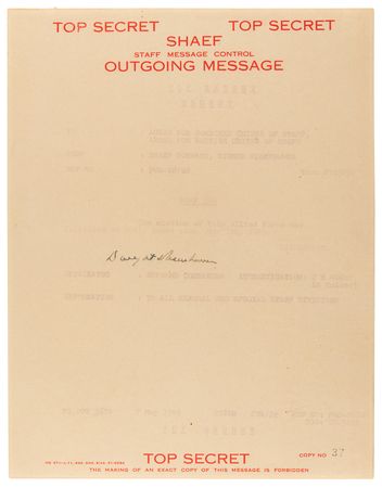 Lot #363 Dwight D. Eisenhower Signed 'Top Secret' SHAEF Message, Announcing Allied Victory in Europe (May 7, 1945) - Image 1